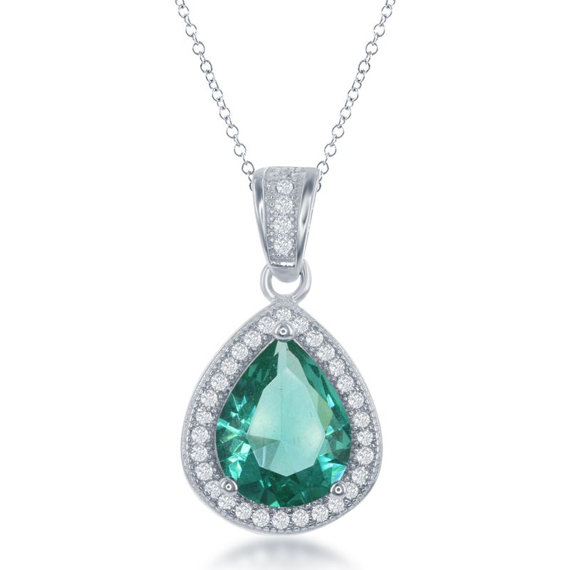 Green Pear-shaped Cubic Zirconia with Halo Pendant - Click Image to Close